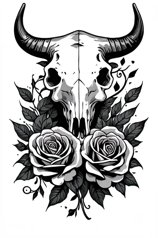 cards roses western bull skull tattoo design idea