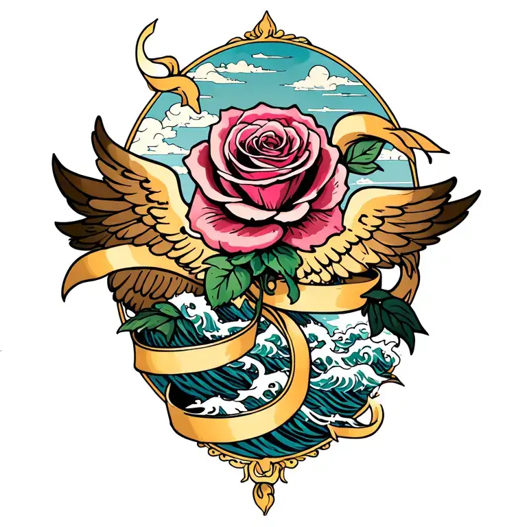 winged rose with ribbons trailing, with clouds above and waves below.  tattoo design idea