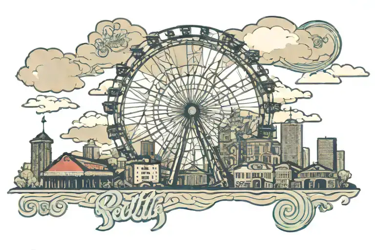 Seattle skyline with ferris wheel & public market sign with Sunray & clouds with water front tattoo design idea