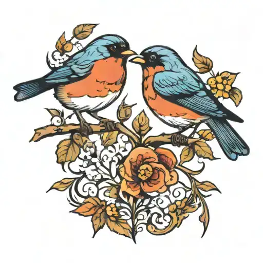 two love birds, robins, perched looking at each other, colorful, dark tattoo design idea