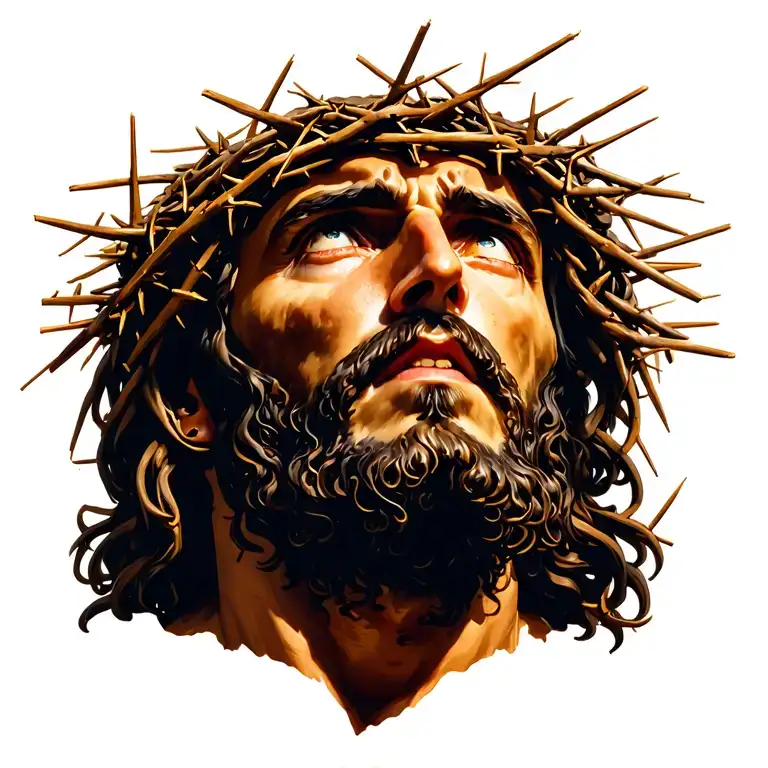 Jesus looking up with the crown of thorns on his head tattoo design idea