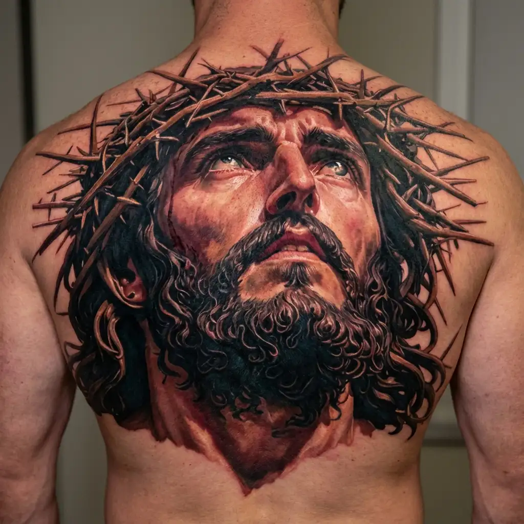 Jesus looking up with the crown of thorns on his head tattoo design idea