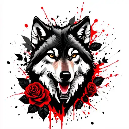 Wolf, black roses and leaves in the background tattoo design idea