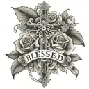 Cross with word blessed and roses gangster tattoo design idea