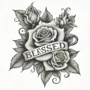 Cross with word blessed and roses gangster tattoo design idea