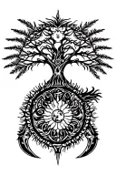 tribal design including army elements, tree of life, dna strand, goddess sun and moon in cente, dragon, hawaiian islands tattoo design idea