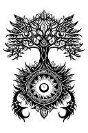 tribal design including army elements, tree of life, dna strand, goddess sun and moon in cente, dragon, hawaiian islands tattoo design idea