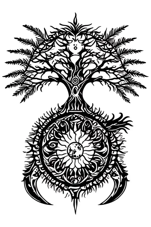 tribal design including army elements, tree of life, dna strand, goddess sun and moon in cente, dragon, hawaiian islands tattoo design idea