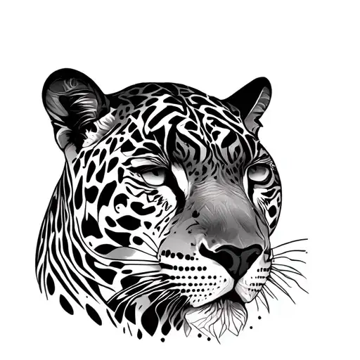 Symmetrical jaguar head facing forward, sacred geometry background, intricate mandala patterns, stippling and dotwork sh tattoo design idea