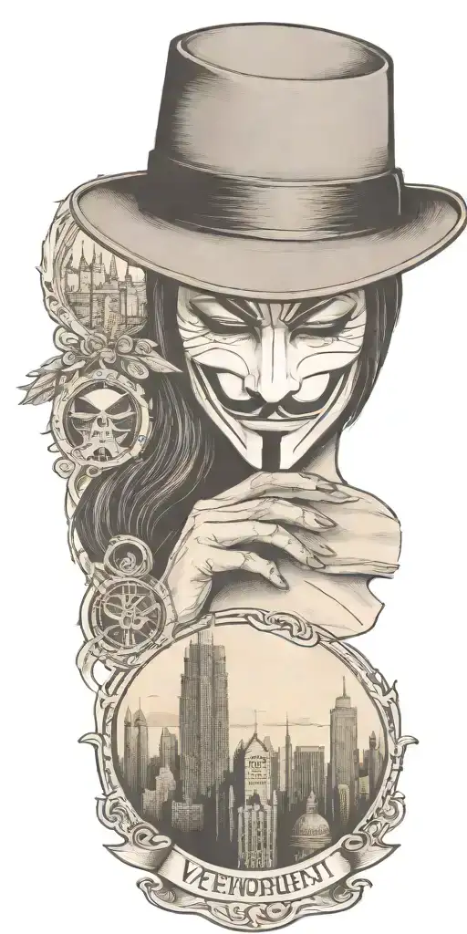 v for vendetta. hat with city skyline in the background tattoo design idea