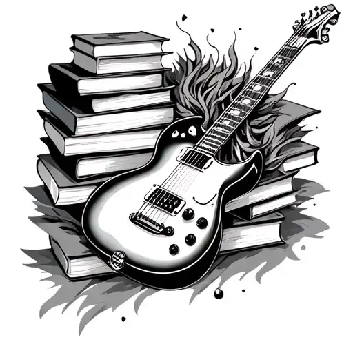 books and guitars intertwined tattoo design idea