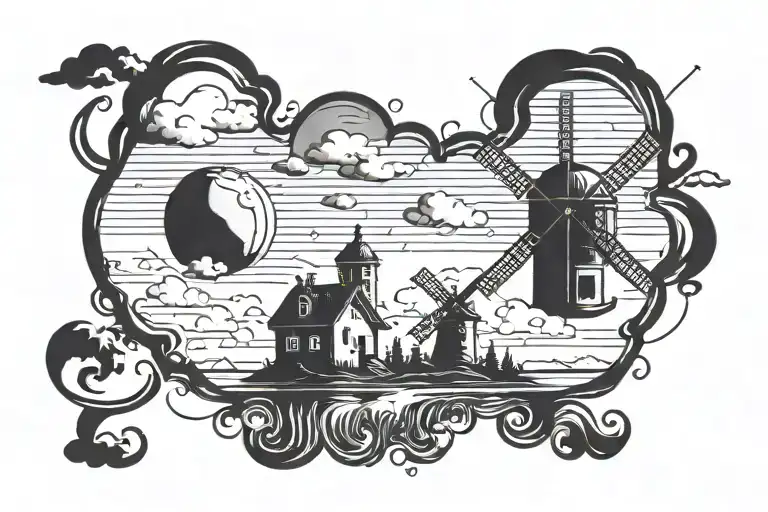 Windmill island floating in the sky by Gorillaz music videos  tattoo design idea