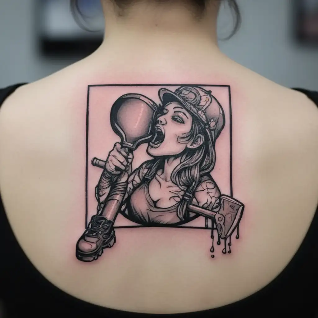 Girl licking a dirty shovel tattoo design idea