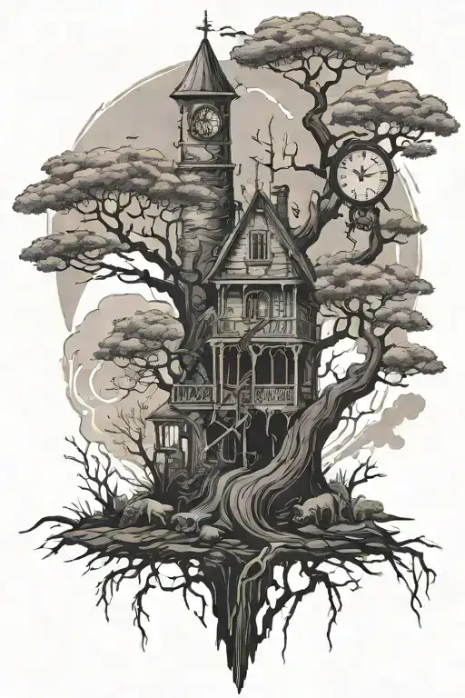 poison tree with roman numeral clock tower with Lightningsand a wolf tattoo design idea