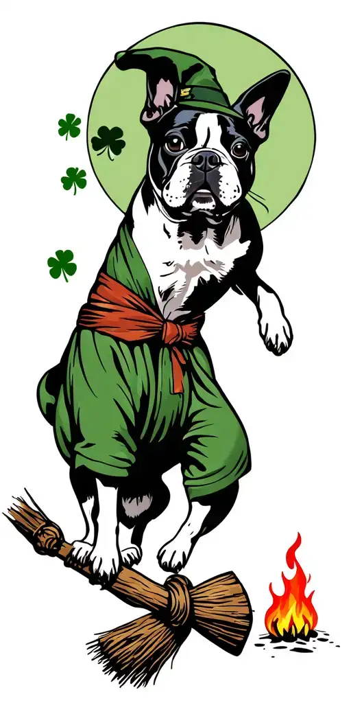 shamrock, bulldog, boston terrier, cattle dog, camper, flying witch on broomstick, moon, campfire tattoo design idea