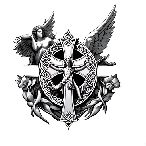 Celtic Cross with St. Patrick and an angel in the background tattoo design idea