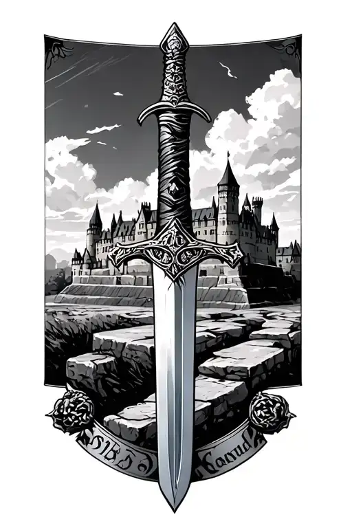 highlander sword in front of edinburgh castle in background tattoo design idea