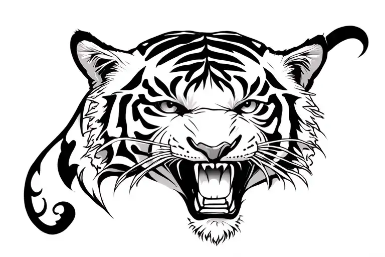 Agressive tiger, like in Yant Suea Liaw Lung (Tiger Looking Back) thai traditional tattos, in cyber sigilism so as new t tattoo design idea