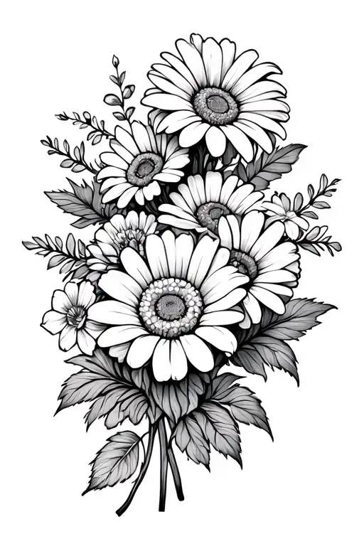 A bouquet of tattoos in black-and-white with 2 daisys a rose a harwthorm a cosmo and violets in the centre of the tattoo tattoo design idea