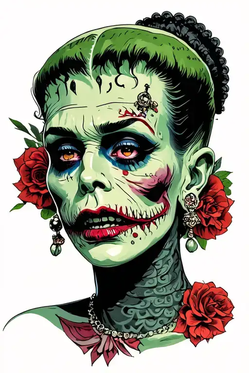 pinup bride of Frankenstein with voodoo Frankenstein doll tattoo design idea