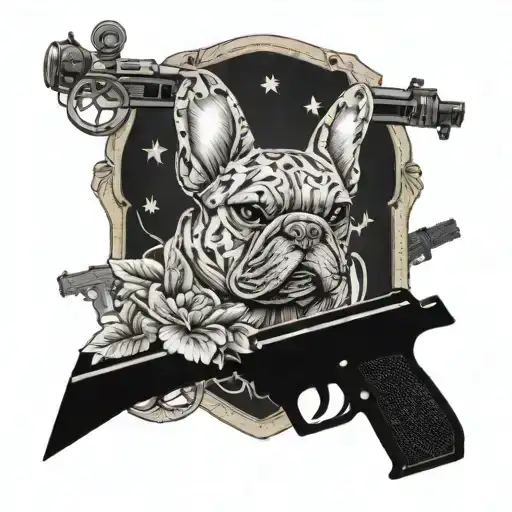 A dynamic composition of a military police badge surrounded by intricate gun and travel-themed elements, all tied together with a playful frenchie dog silhouette, capturing your diverse interests and passions tattoo design idea