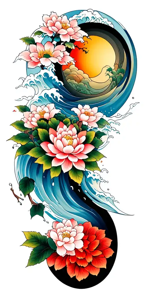 jaoanese pattern, tree, splash, water, waves, lotus, sakura, clouds, whirlpool, leaves, peony, sunset tattoo design idea