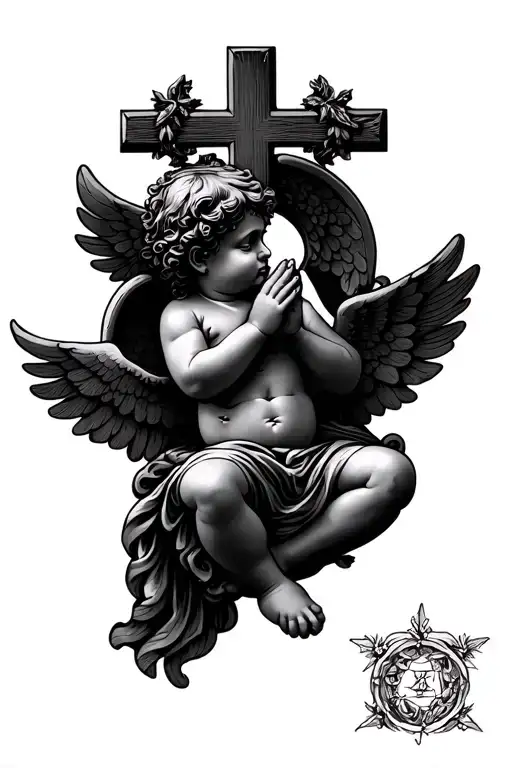 cherub praying with cross intertwined tattoo design idea