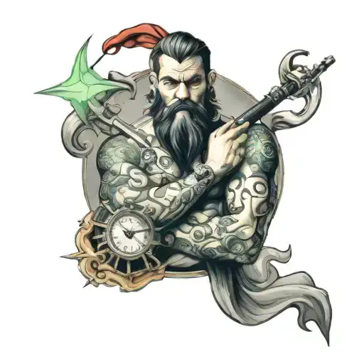a sleeve tattoo that has Poseidon's face on the shoulder blade, followed by a pirate ship , followed by a compass, follo tattoo design idea