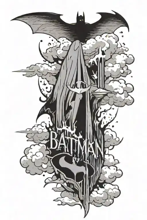 batman symbol flying in air with clouds and written paper saying 09-12-1986 tattoo design idea