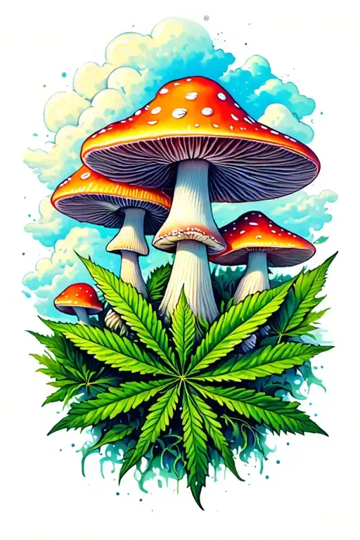 trippy tattoo featuring mushrooms clouds pot leaf's tattoo design idea