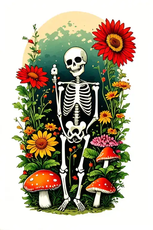 Skeleton gardener surrounded by flowers and mushrooms tattoo design idea