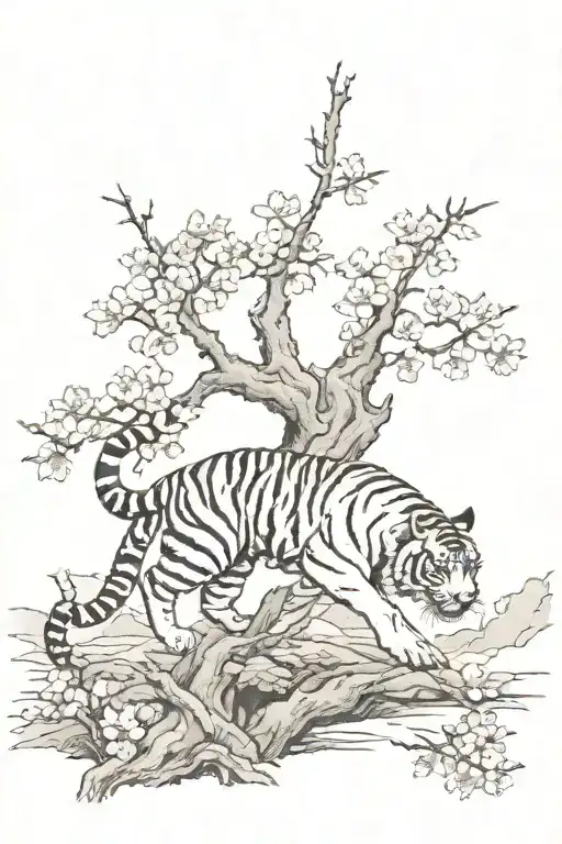 tiger climbing down towards straight from a cherry blossom tree and a samurai in the background  tattoo design idea