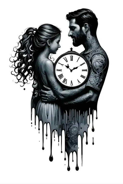 melting clock with silhouette of dad and daughter tattoo design idea