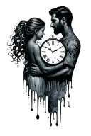 melting clock with silhouette of dad and daughter tattoo design idea