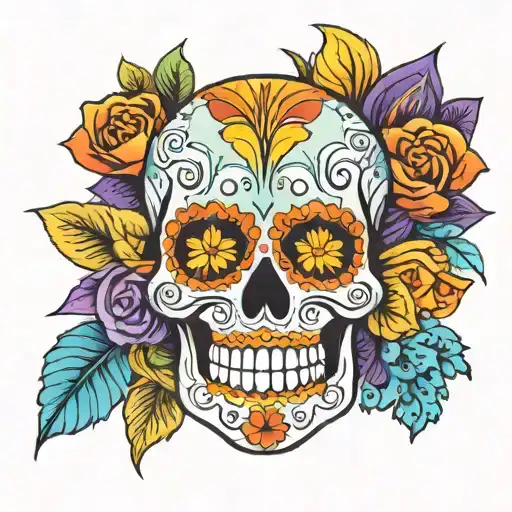 sugar skull of mexico with color skyblue purple and orange and yellow tattoo design idea