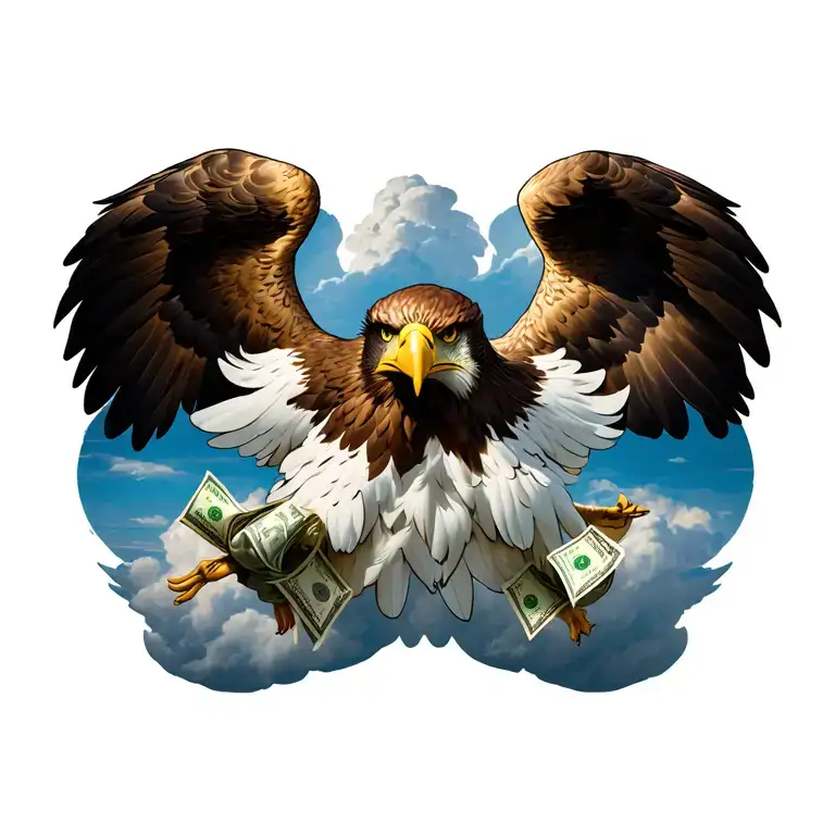 I need a eagle in the middle of my chest, self made written through a background of clouds, some money bags and 22 tattoo design idea