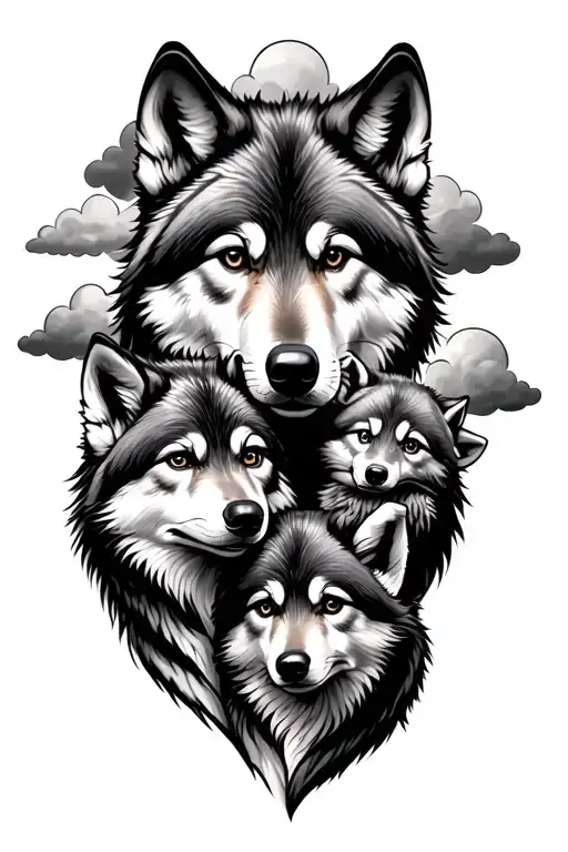 dad and mom wolf holding 2 cubs with 3 clouds behind them tattoo design idea
