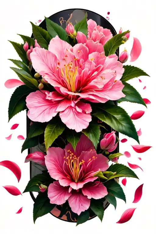 A sleeve with azalea flowers prominent in the tattoo and cherry blossom petals mixed in tattoo design idea