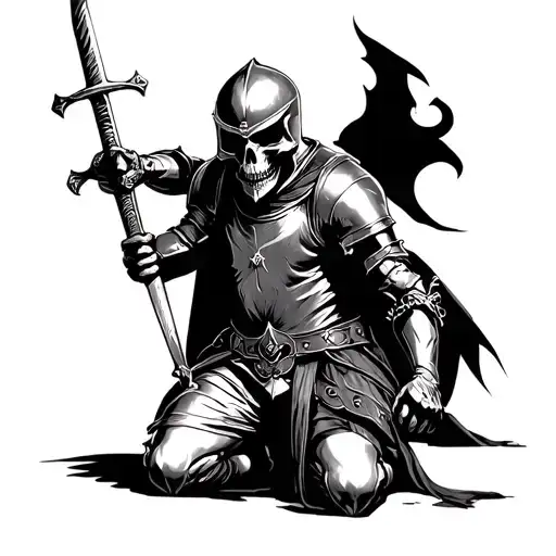 a knight kneeling with is sword in front of him, his helmet is open and his head is replaced by a skull  tattoo design idea