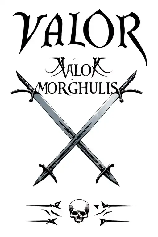 "Valor Morghulis" skull with two thin swords crossed tattoo design idea