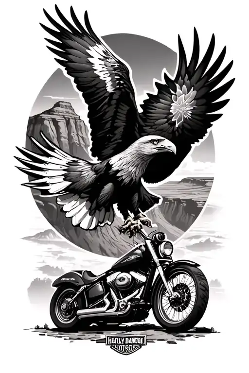 A black and grey tattoo of an eagle soaring over the Grand Canyon with a Harley Davidson motorcycle in the background tattoo design idea