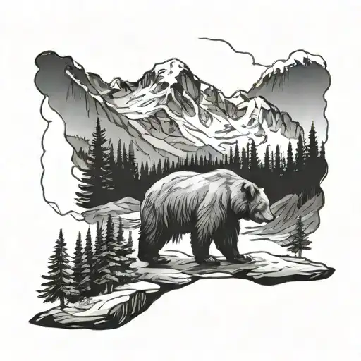 bear wandering woods surrounded, snow capped mountains tattoo design idea