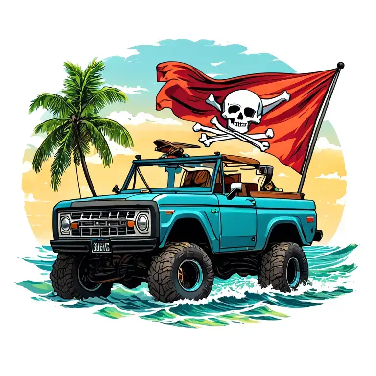 back view with top down bronco vehicle driving toward ocean with pirate flag tattoo design idea