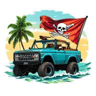 back view with top down bronco vehicle driving toward ocean with pirate flag tattoo design idea