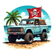 back view with top down bronco vehicle driving toward ocean with pirate flag tattoo design idea