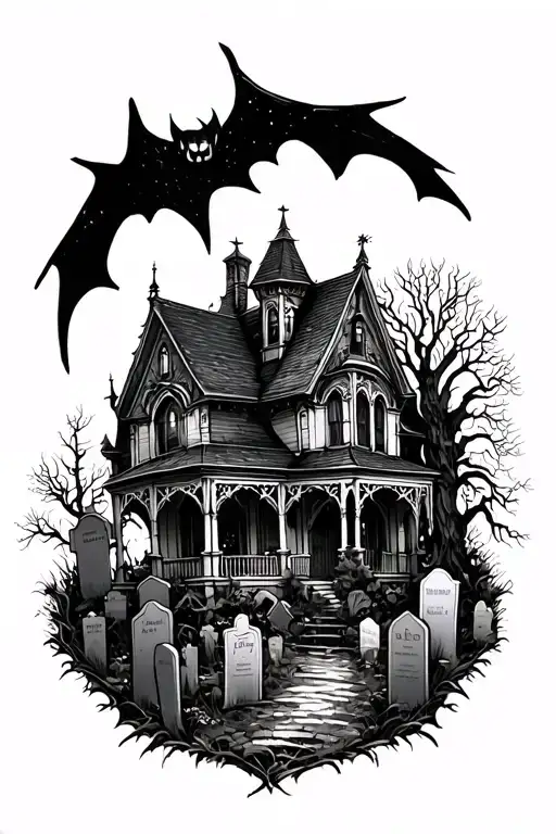 haunted house, graveyards tattoo design idea