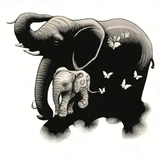 baby elephant chasing butterflies flying tattoo design idea