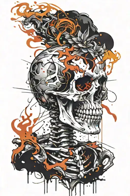 skeleton burning in fire tattoo design idea