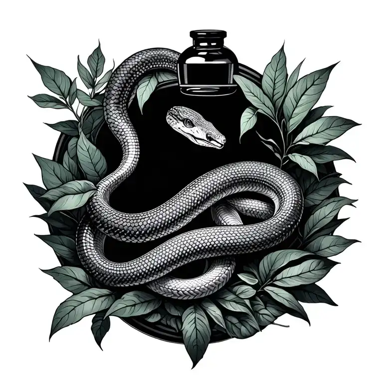 pharmacy with plants and snakes intertwined tattoo design idea