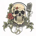 singing skull with hanging microphone surrounded by roses  tattoo design idea